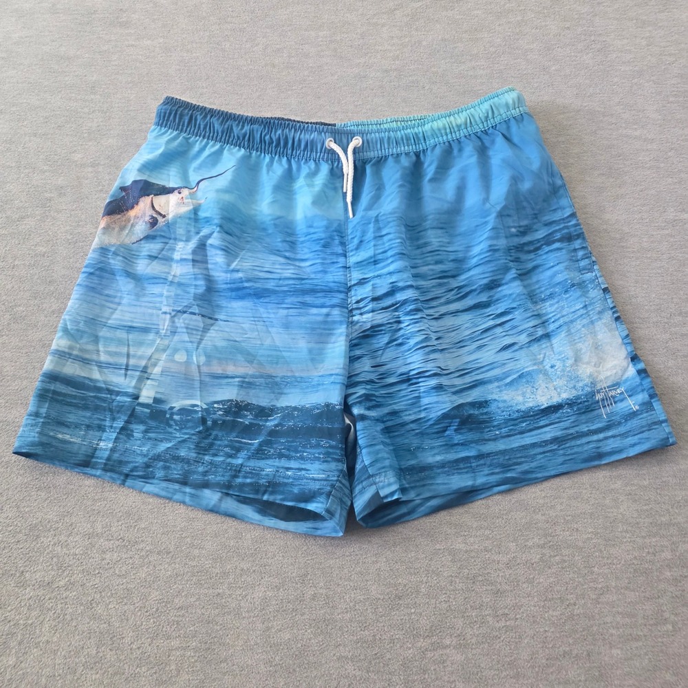 Guy Harvey Mens Blue Marlin Ocean Graphic Swim Trunks Board Shorts Large